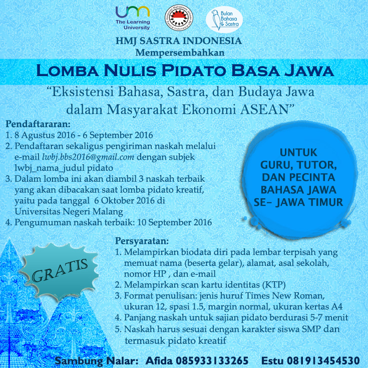 Pengumuman Pemenang Lomba Nulis Pidato Basa Jawa dan Petunjuk Pelaksanaan Lomba Wasis Basa Jawa BBS 2016