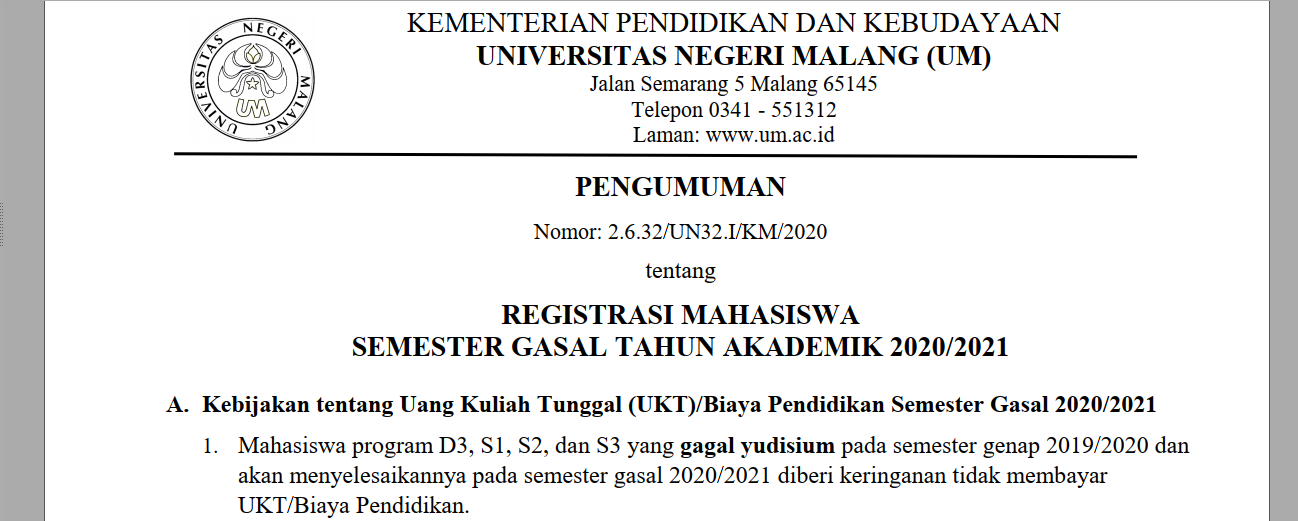 REGISTRASI MAHASISWA SEMESTER GASAL TAHUN AKADEMIK 2020/2021