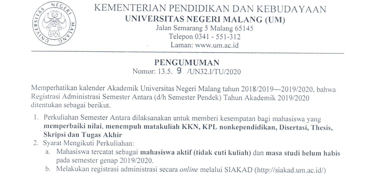 Pengumuman Registrasi Semester Antara (Semester Pendek) Tahun Akademik 2019/2020